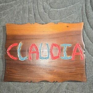 Wooden CLAUDIA sign painted red‎ and blue Wall plaque 7.5" x 5.5"